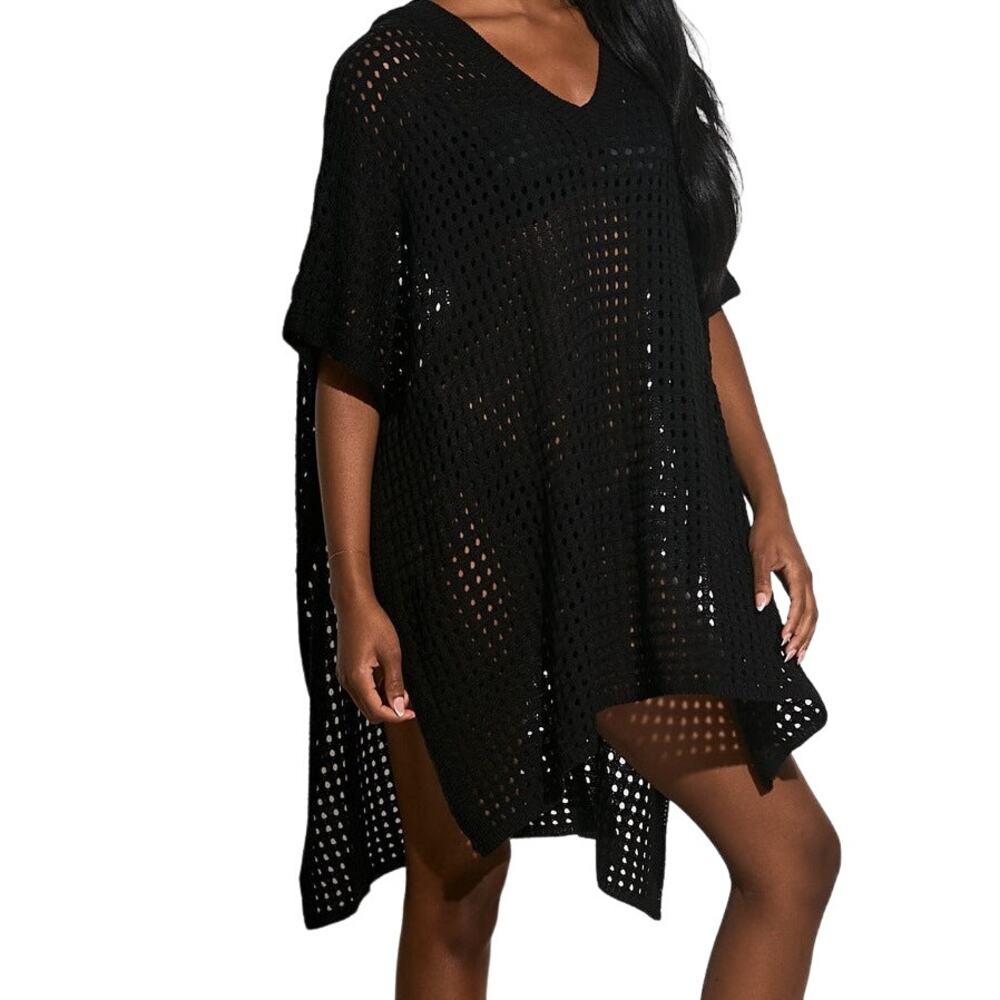 ELAN Oversize Crochet Hoodie Coverup Black Women One-Size NWT